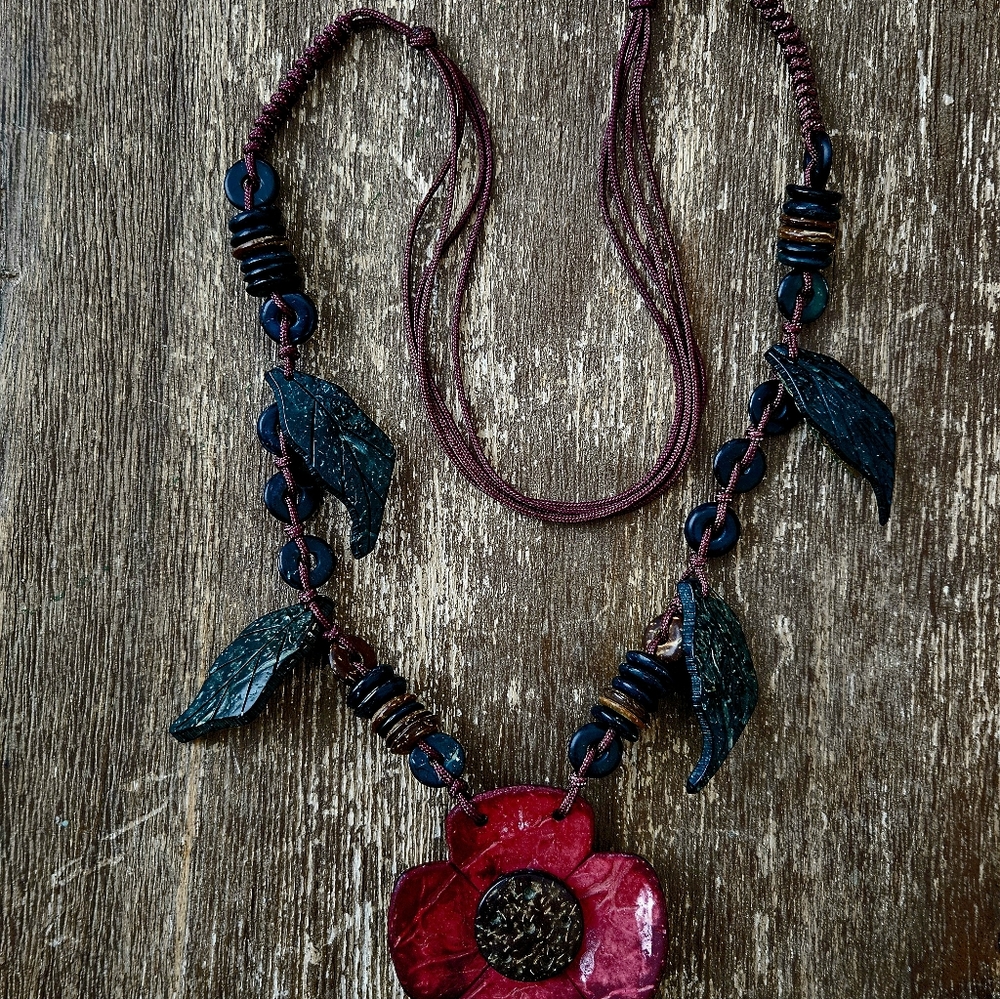 Nature-inspired Artisan Crafted Crimson Poppy Floral Pendant Adjustable Cord